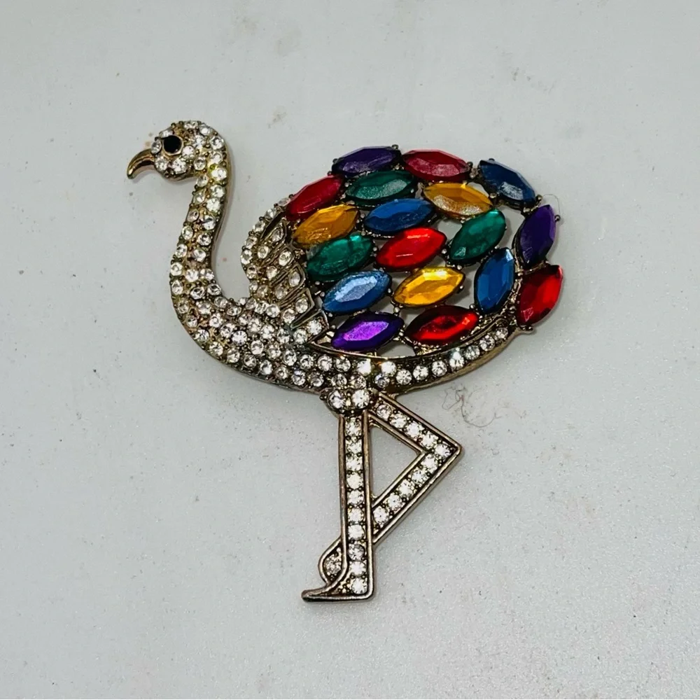Stunning Colorful Rhinestone Flamingo Statement Brooch - Picture 7 of 13